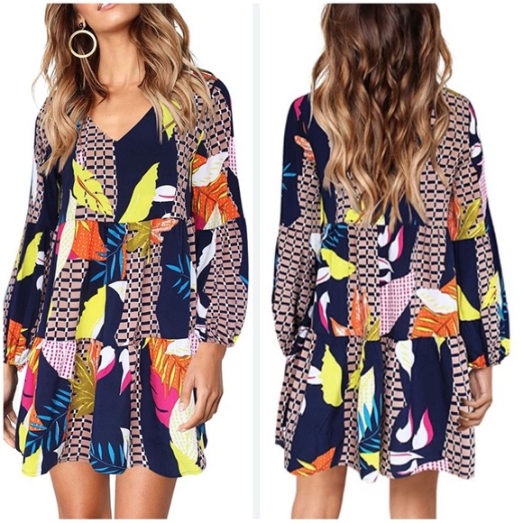 LotusHaze Dresses & Skirts - Colorful DRESS Womens Casual Long Sleeve V Neck Swing Leaves Print, Size M